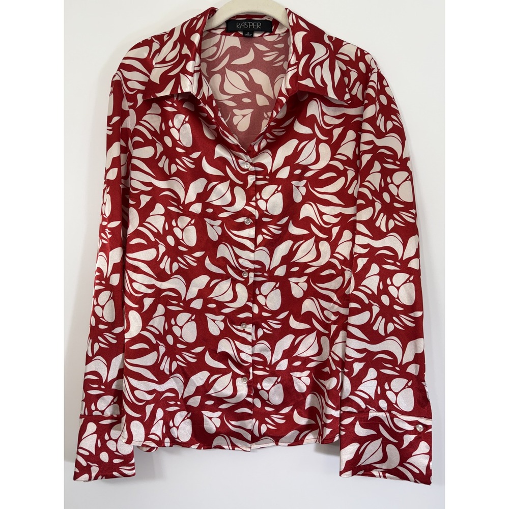 Kasper Abstract Leaf Print Blouse 14 L Red Satin Stretch Button-up French Cuffs